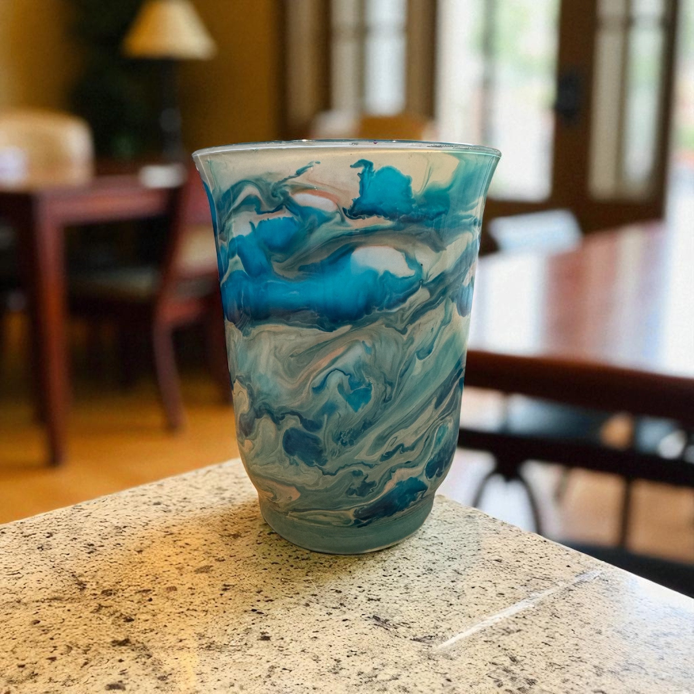 Blue and white glass hurricane vase was £25 now £15
